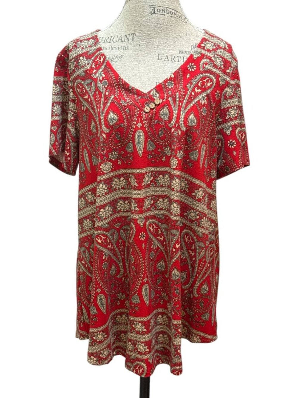 Folunsi Sz 1X Red & Tan Paisley Print Stretch Short Sleeve Tunic Top